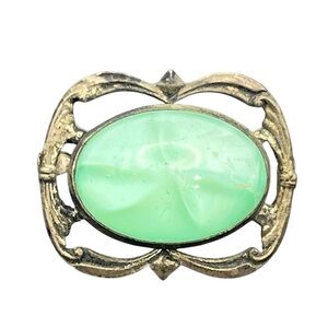 Art Deco mint green art glass cabochon c clasp vintage brooch pin antique